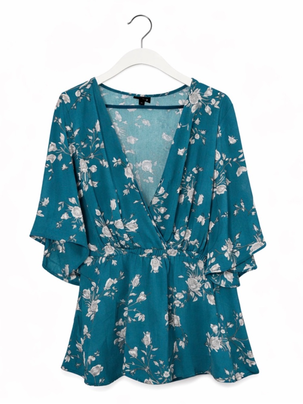 Torrid Teal Floral Surplice Flutter Sleeve Blouse - Size 2 - Picture 1 of 6